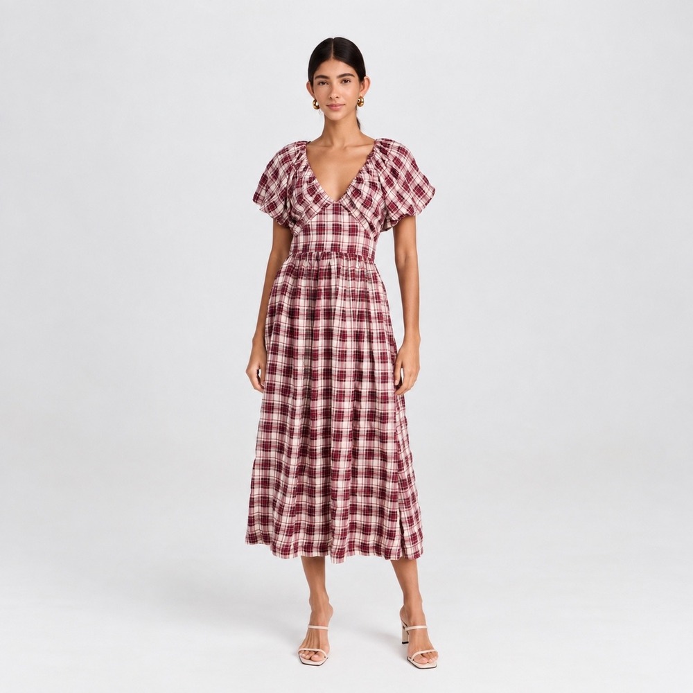 En Saison Burgundy Cotton Plaid Puff Sleeve Bow Back Midi Dress Women Size Large